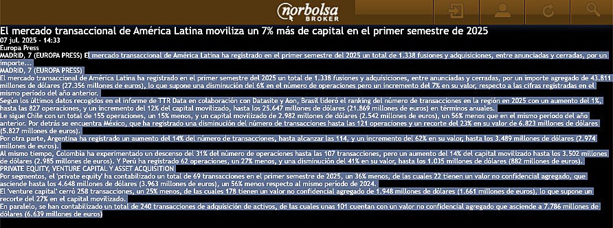 NORBOLSA     Buscador de valores Cambio de idioma: euskera El mercado transaccional de Amrica Latina moviliza un 7% ms de capital en el primer semestre de 2025